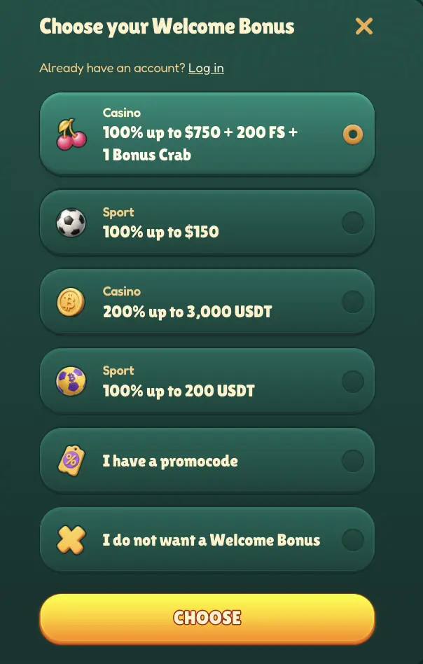 banner with welcome offers to choose