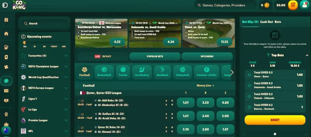 Sports betting section at Gokong - website interface
