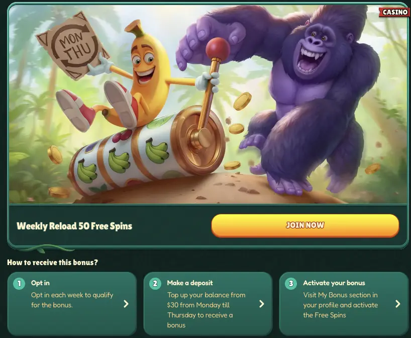 Weekly reload banner with free spins offer